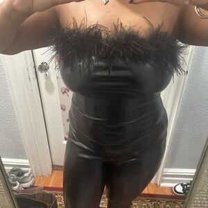 Black Faux Leather Feather Trim Bodysuit
